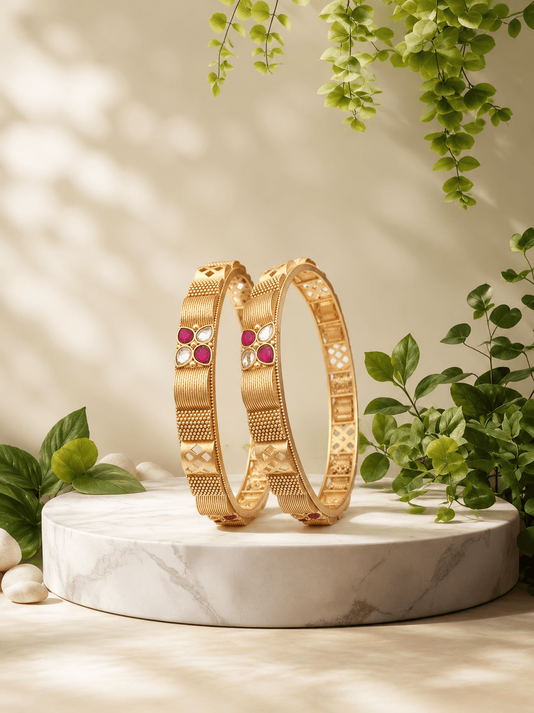 Ruby & White Stone Geometric Gold Bangles